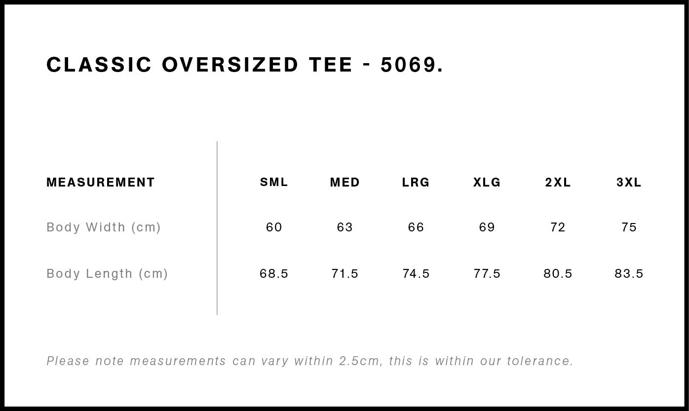 Adult oversized tee garment measurements from S to 3XL