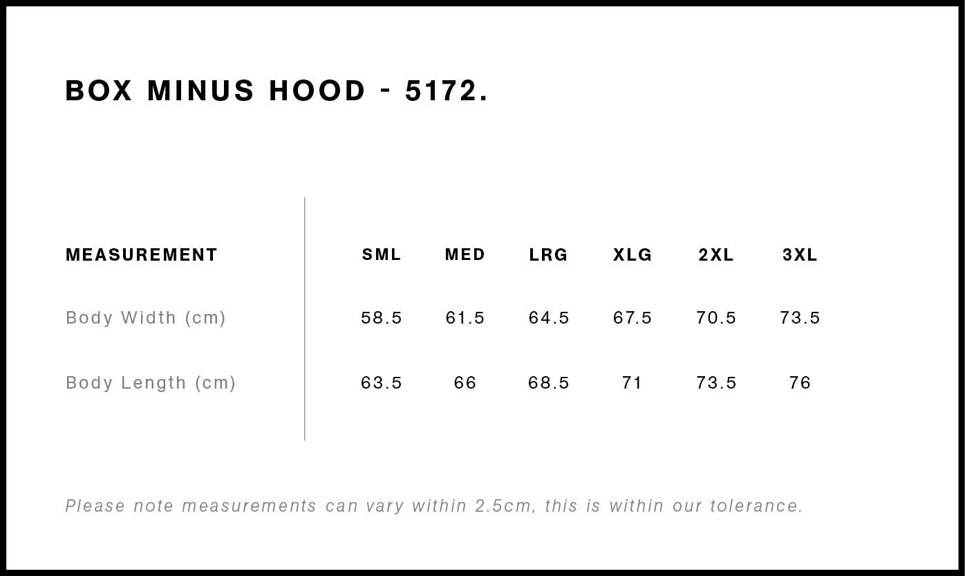 AS Colour Box Minus Hood 5172 garment measurements from S to 3XL