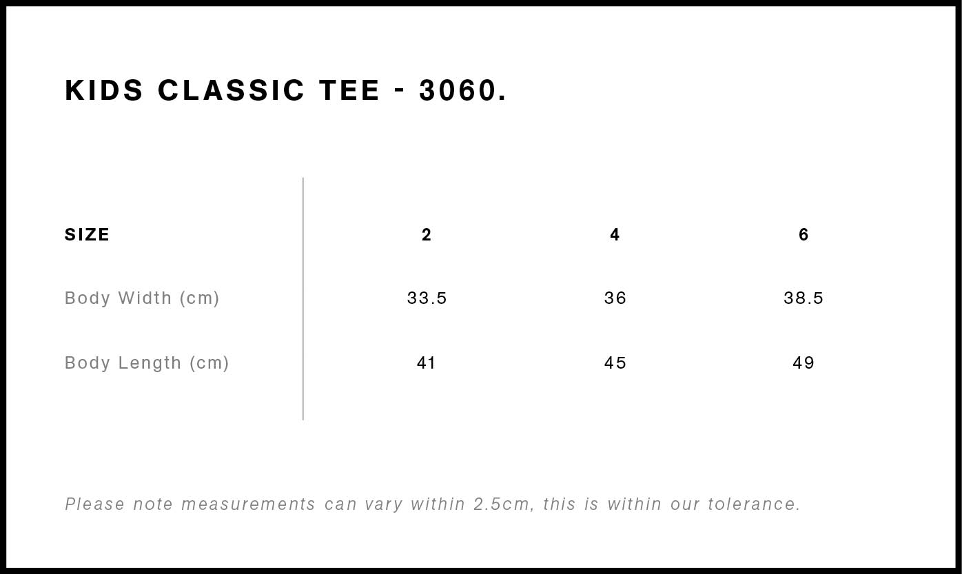 AS Colour Kids Classic Tee 3060 garment measurements for sizes 2 to 6