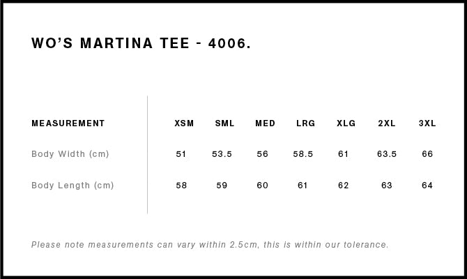 AS Colour Women’s Martina Tee 4006 garment measurements from XS to 3XL