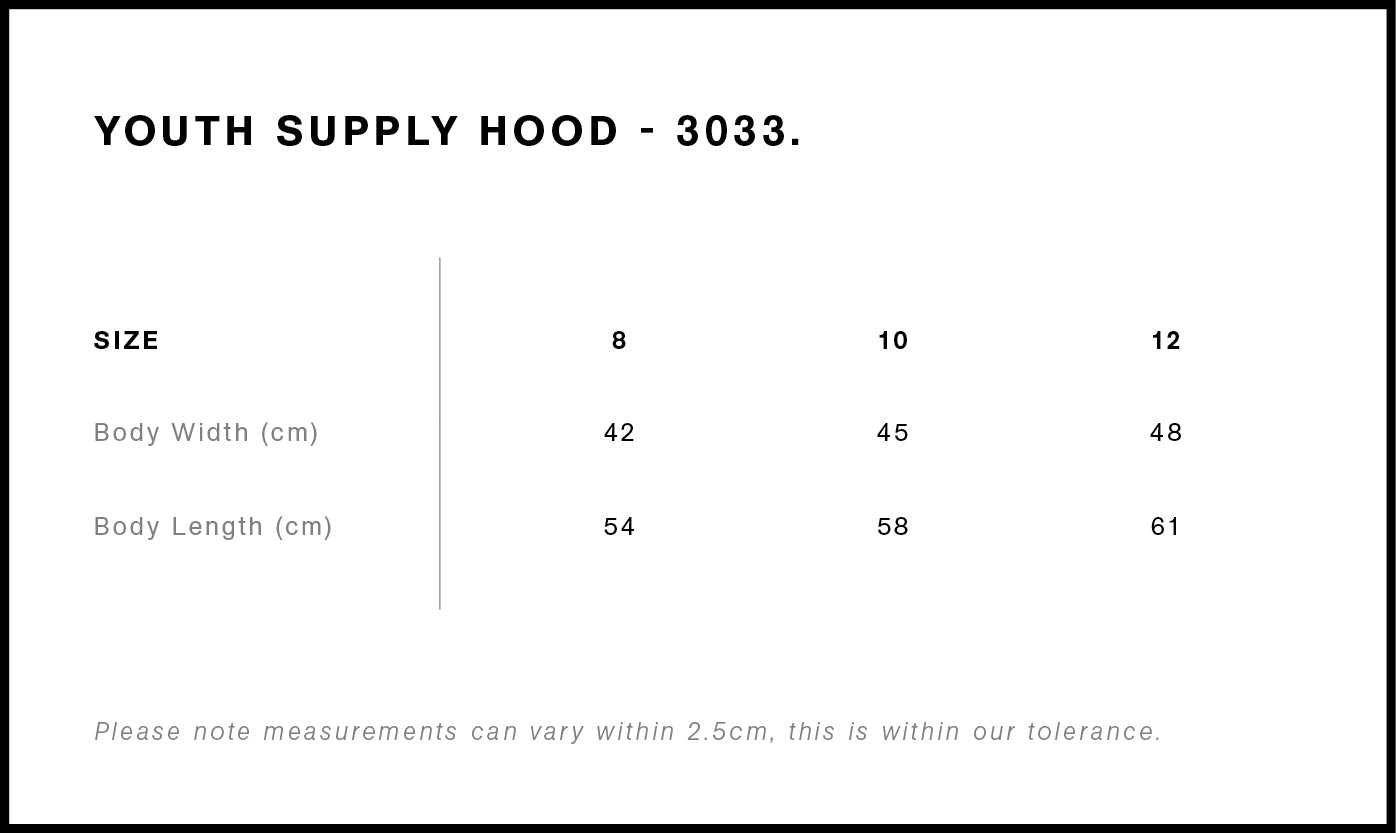 AS Colour Youth Supply Hood 3033 garment measurements for sizes 8 to 16